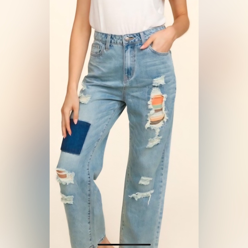 Haptics Ripped Patchwork High Waist Straight Leg size Medium